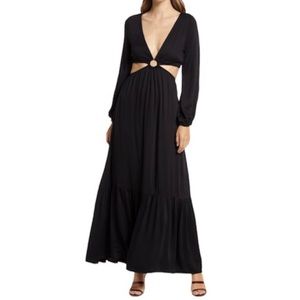 BTFL-Life Black Plunge Neck Cutout Waist Long Sleeve
Maxi Dress Small